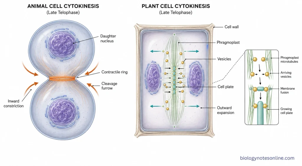 Comparison of animal-cell cleavage-furrow formation with plant-cell phragmoplast and cell-plate formation during late telophase and cytokinesis.