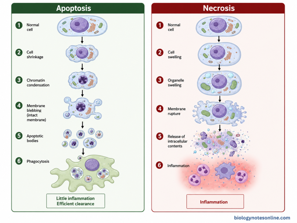 Comparison of apoptosis and classical necrosis showing cell shrinkage and apoptotic bodies in apoptosis versus swelling, membrane rupture and content release in necrosis.