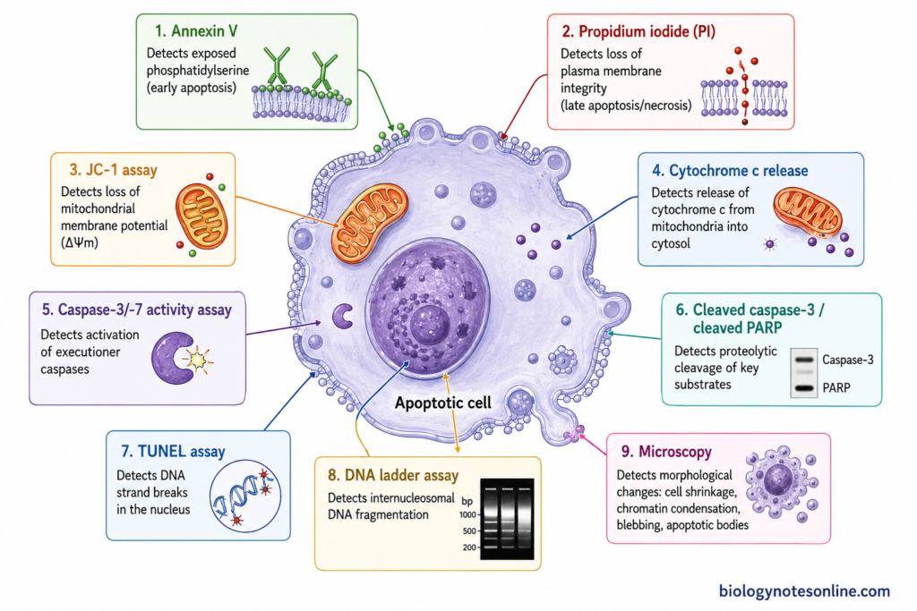 Diagram of apoptosis detection assays showing Annexin V, TUNEL, caspase activity, DNA laddering, mitochondrial membrane potential and cytochrome c release.