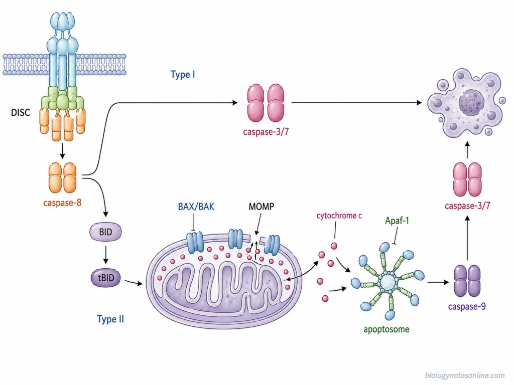Caspase-8 activates executioner caspases directly in Type I signaling or cleaves BID to tBID, triggering BAX/BAK-mediated mitochondrial amplification in Type II cells.