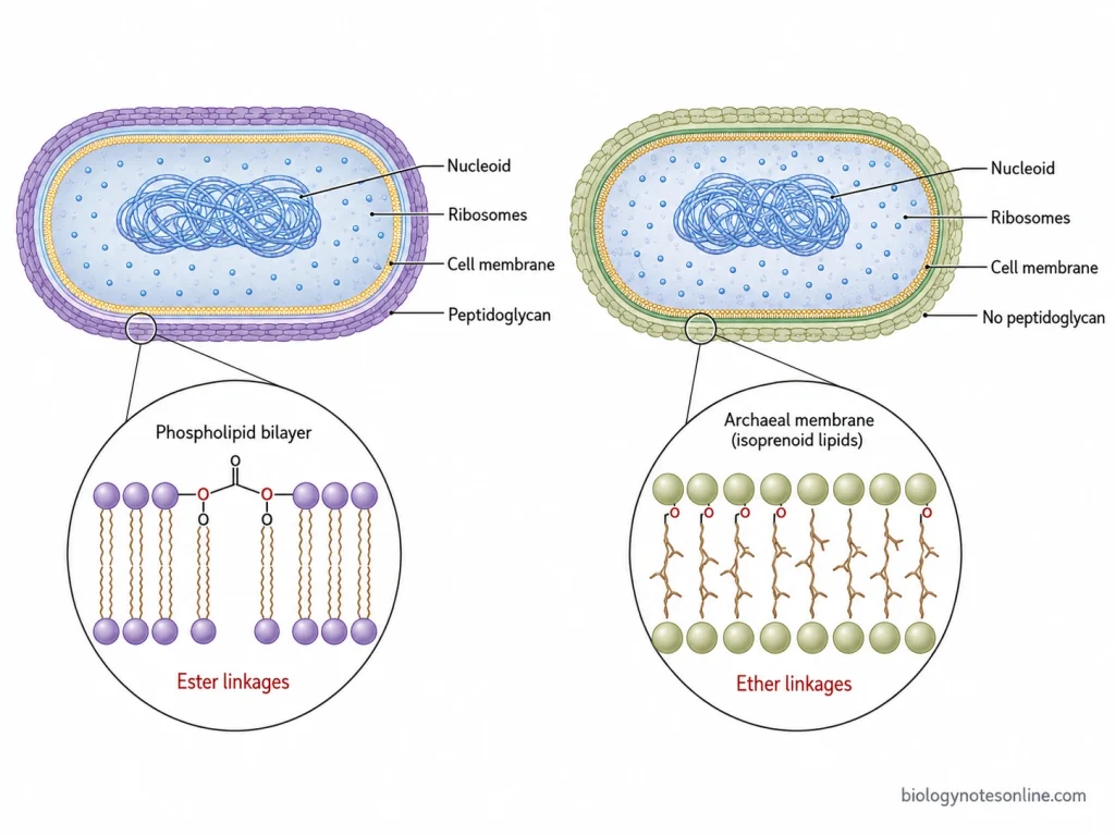 Comparison of bacterial and archaeal prokaryotic cells showing nucleoid regions, ribosomes, cell envelopes, bacterial peptidoglycan, and differences between ester-linked bacterial and ether-linked archaeal membrane lipids.