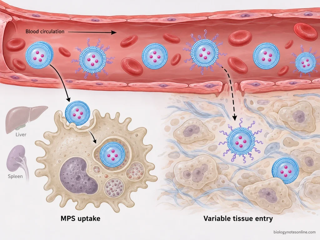 Schematic showing circulating liposomes, macrophage uptake and possible liposome accumulation in tissue adjacent to permeable tumor blood vessels.