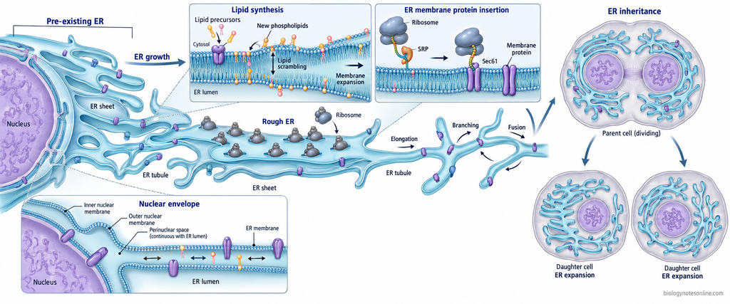Endoplasmic reticulum biogenesis showing growth of pre-existing ER through lipid and membrane-protein addition, formation of rough ER sheets and smooth tubules, continuity with the nuclear envelope, and inheritance during cell division.