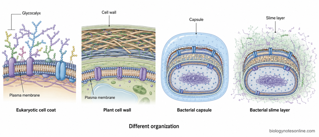 Comparison of a eukaryotic cell coat, plant cell wall, organized bacterial capsule and diffuse bacterial slime layer outside their respective cell membranes.