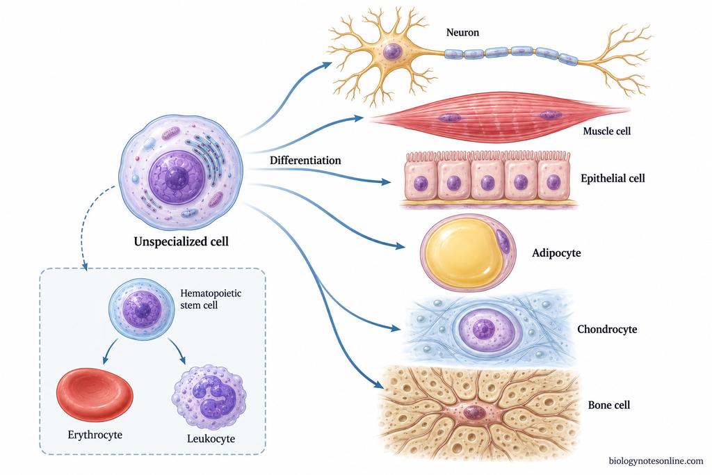 Cell differentiation schematic showing an unspecialized cell giving rise to representative specialized cells such as neurons, muscle cells, epithelial cells, adipocytes, chondrocytes, and bone cells, with a separate hematopoietic stem-cell branch producing blood cells.