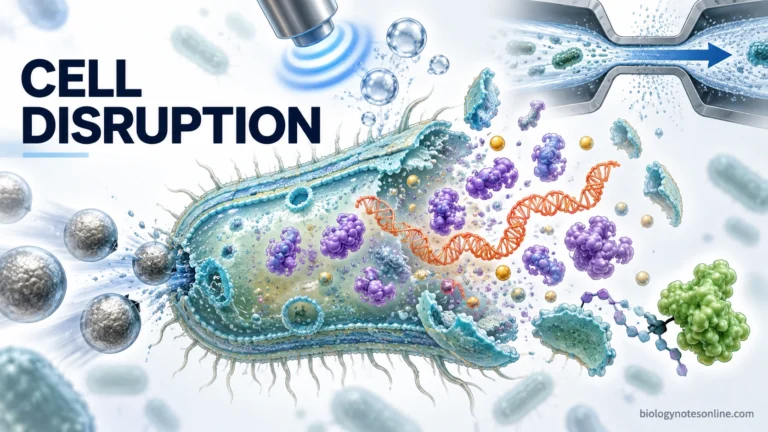 Ruptured cell releasing proteins, nucleic acids, and metabolites with visual cues for mechanical and enzymatic cell disruption methods.