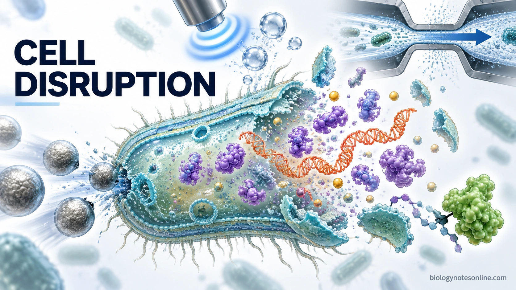 Ruptured cell releasing proteins, nucleic acids, and metabolites with visual cues for mechanical and enzymatic cell disruption methods.