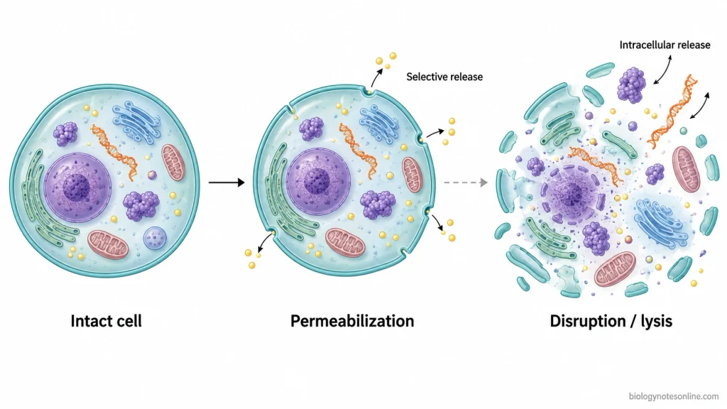 Comparison of an intact cell, a permeabilized cell selectively releasing molecules, and a disrupted cell releasing intracellular contents.