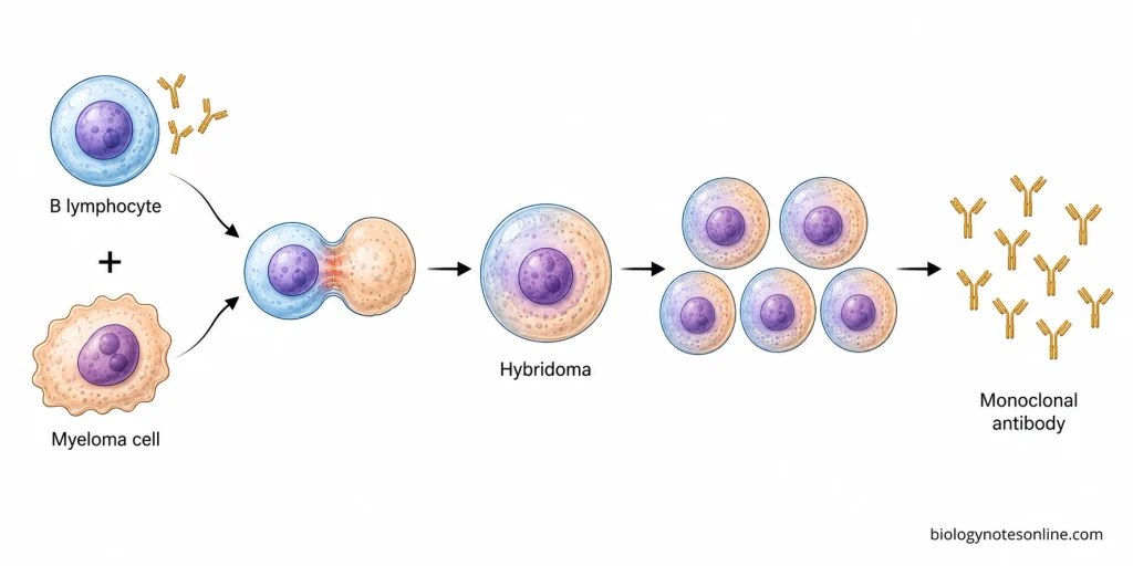 Antibody-producing B lymphocyte and myeloma cell fusing to form a hybridoma that produces monoclonal antibodies.