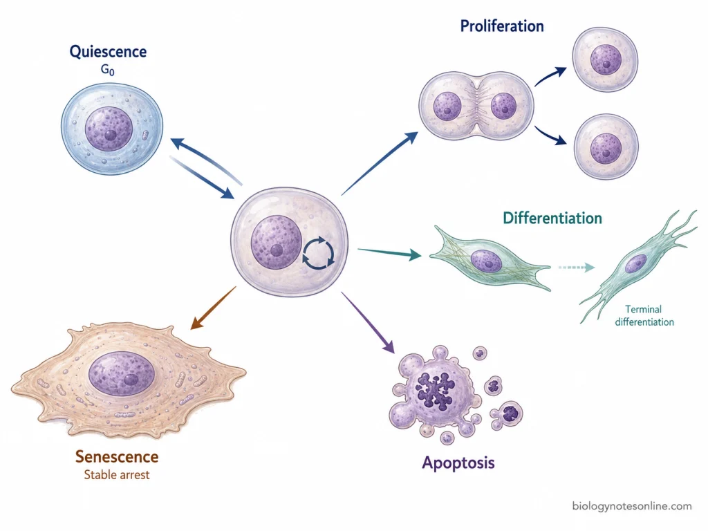 Cell-state diagram comparing active proliferation with reversible quiescence, differentiation, stable senescence, and apoptotic cell death.