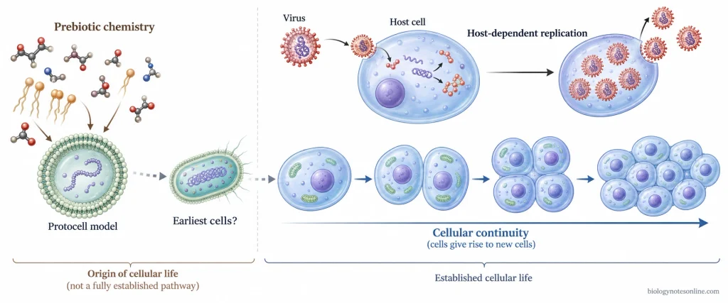Cell Theory - Definition, 3 Principles, History, and Modern View 5 Diagram contrasting established cell division with host-dependent virus replication and an uncertain transition from prebiotic chemistry to early cellular systems.