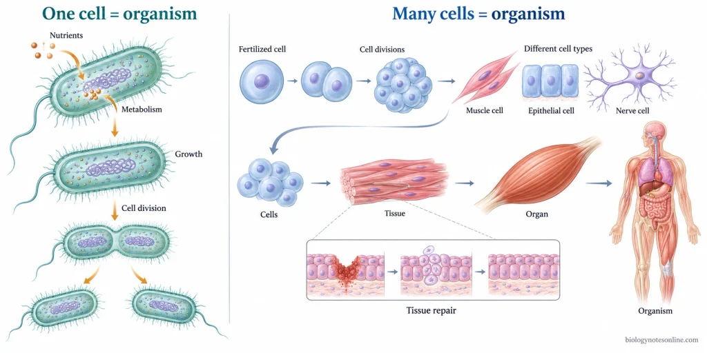 Cell Theory - Definition, 3 Principles, History, and Modern View 4 Comparison showing a unicellular organism performing life functions in one cell and multicellular organization progressing from dividing cells to specialized tissues and organs.