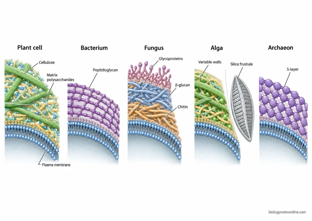 Comparative diagram showing characteristic plant, bacterial, fungal, algal and archaeal cell wall structures and their major materials.