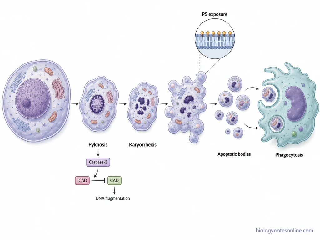 Progression of apoptosis showing cell shrinkage, chromatin condensation, nuclear fragmentation, membrane blebbing, phosphatidylserine exposure, apoptotic bodies, and phagocytosis.