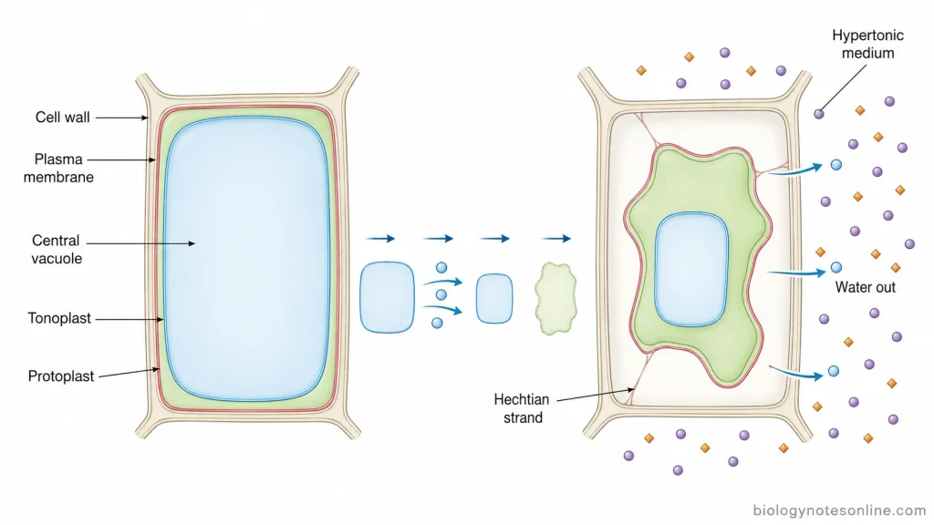 Turgid and plasmolysed plant cells showing water leaving a hypertonic cell, vacuole shrinkage, loss of turgor, and withdrawal of the protoplast from the cell wall.
