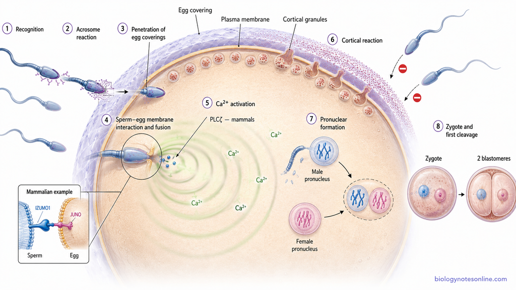 Sequential animal fertilization showing sperm recognition, acrosome reaction, egg-coat penetration, membrane fusion, Ca²⁺ activation, cortical reaction, pronuclei, and first cleavage.