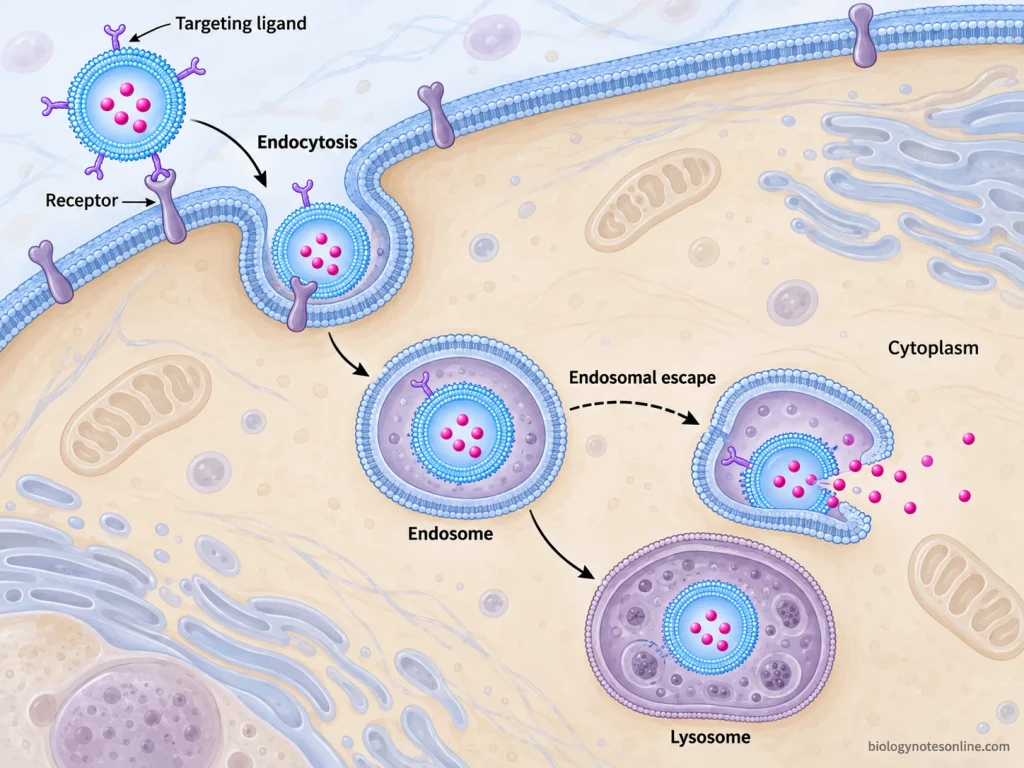Receptor-mediated uptake of a liposome into an endosome, showing lysosomal trafficking and possible endosomal escape of encapsulated drug molecules.