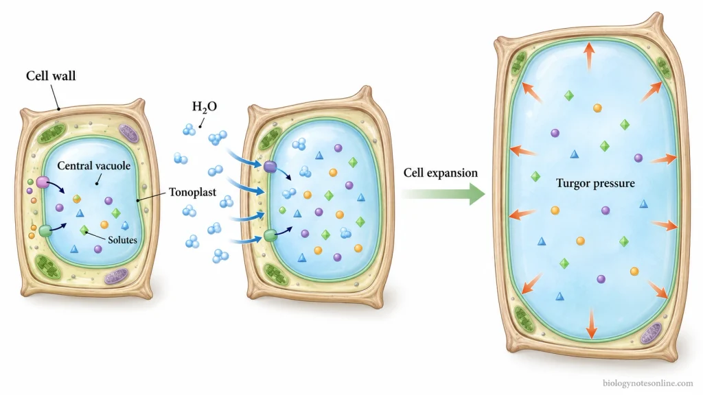 Plant cell mechanism showing vacuolar solute accumulation, water entry, central vacuole expansion, and turgor pressure against the cell wall.