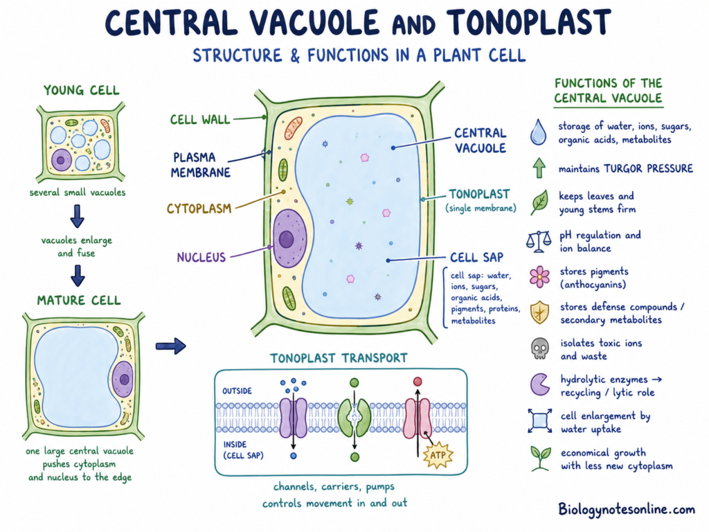 Labelled diagram showing structure and functions of  Central Vacuole and Tonoplast