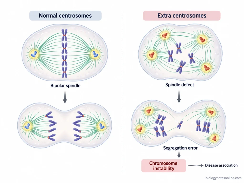 Comparison of normal bipolar spindle organization with extra centrosomes causing abnormal spindle organization and chromosome-segregation errors.