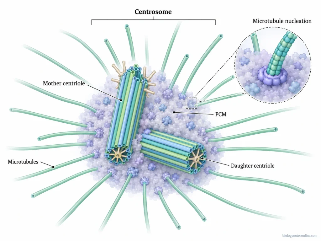 Mother and daughter centrioles surrounded by pericentriolar material, with microtubules extending from the centrosomal region.