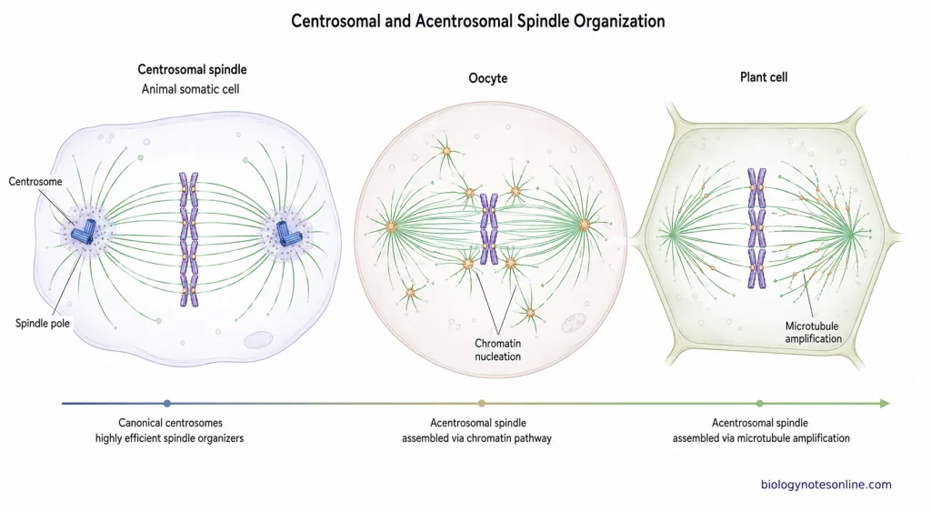 Comparison of spindle formation using centrosomes in an animal cell and acentrosomal mechanisms in an oocyte and higher plant cell.