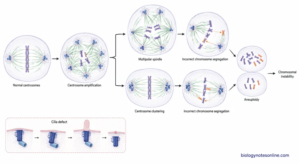 Extra or abnormal centrosomes producing multipolar or clustered spindles, chromosome-segregation errors, aneuploidy and chromosomal instability.