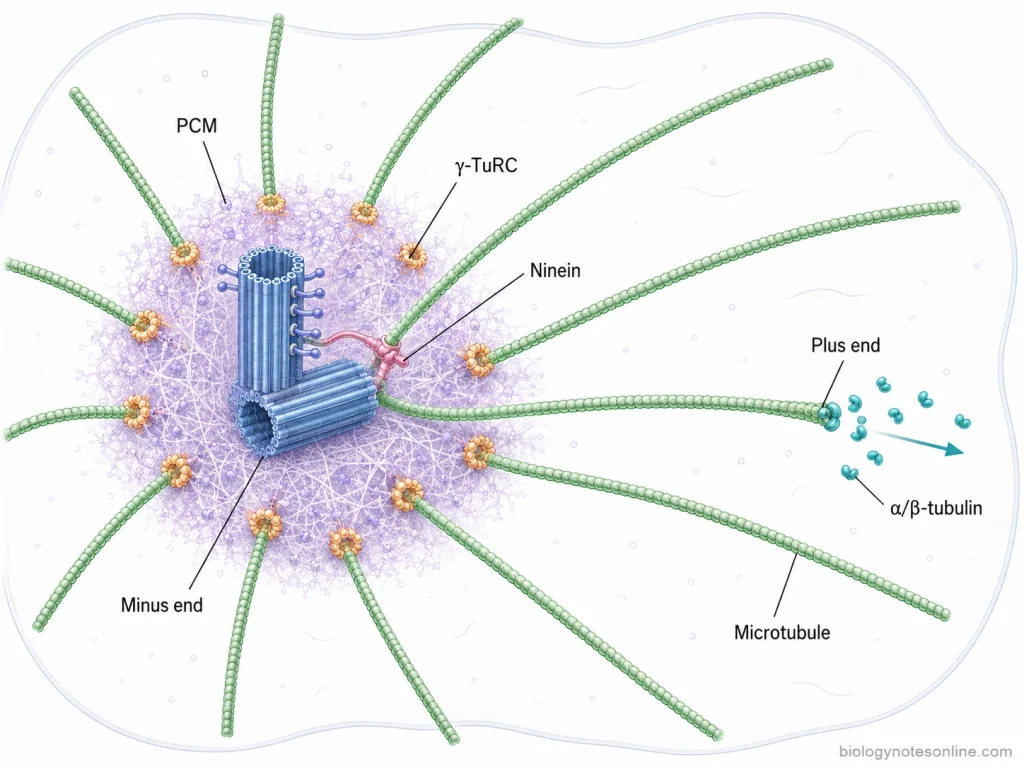 γ-TuRCs in centrosomal pericentriolar material nucleating microtubules whose minus ends remain near the centrosome while plus ends grow outward.