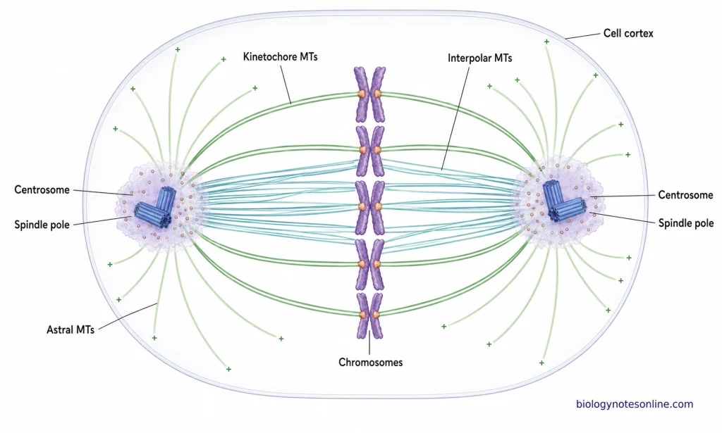 Metaphase spindle showing centrosomes at opposite poles with kinetochore, interpolar and astral microtubules surrounding aligned chromosomes.