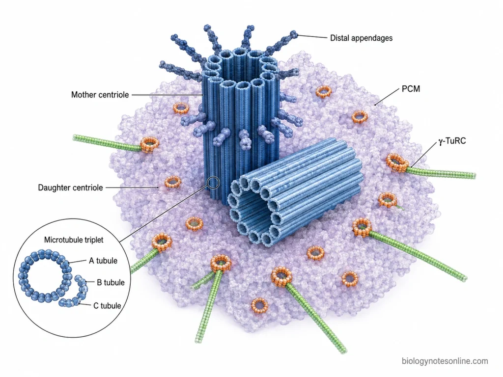 Centrosome containing perpendicular mother and daughter centrioles surrounded by pericentriolar material and γ-tubulin ring complexes.
