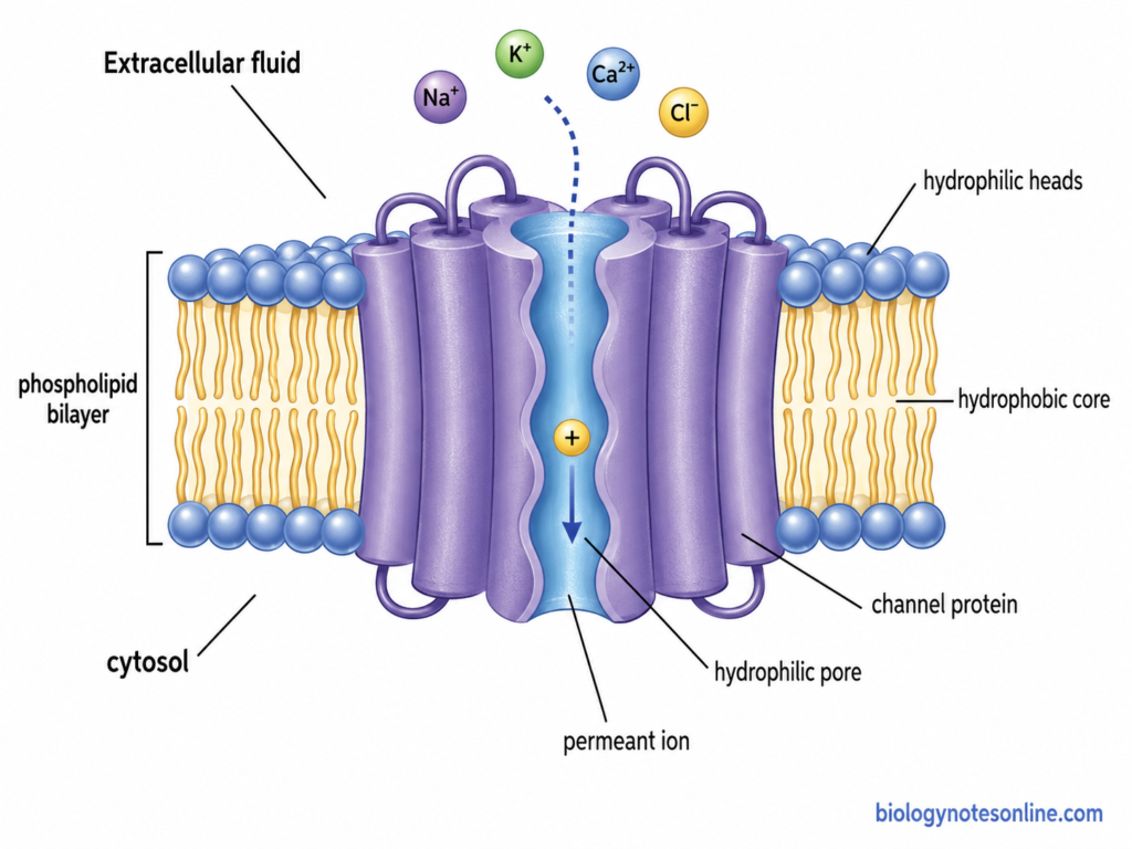Cross-section of a channel protein forming a hydrophilic pore through the phospholipid bilayer for ion transport.