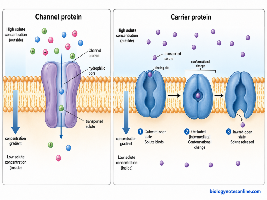 Side-by-side diagram comparing transport through a channel pore with binding and conformational change in a carrier protein.
