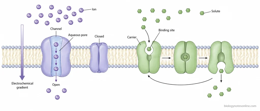 Passive Transport in Cells - Types, Mechanisms, and Examples 3 Comparison of ions passing through a membrane channel with solute binding and conformational change during carrier-mediated facilitated diffusion.