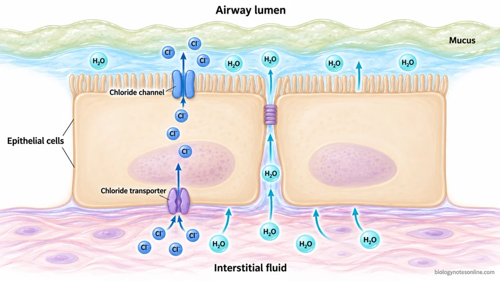 Cross-section of respiratory epithelial cells showing chloride transport toward the airway lumen and associated osmotic water movement.
