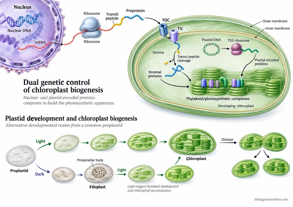 Chloroplast development from proplastids, including the optional etioplast pathway, nuclear-encoded protein import through TOC and TIC, plastid gene expression, thylakoid assembly and chloroplast division.