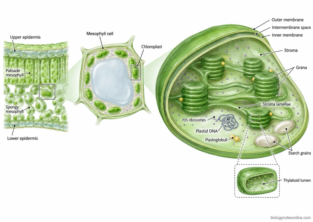 Leaf mesophyll cell enlarged to show a chloroplast with its double membrane, stroma, interconnected grana and stroma lamellae, thylakoid lumen, DNA, ribosomes, starch and plastoglobuli.