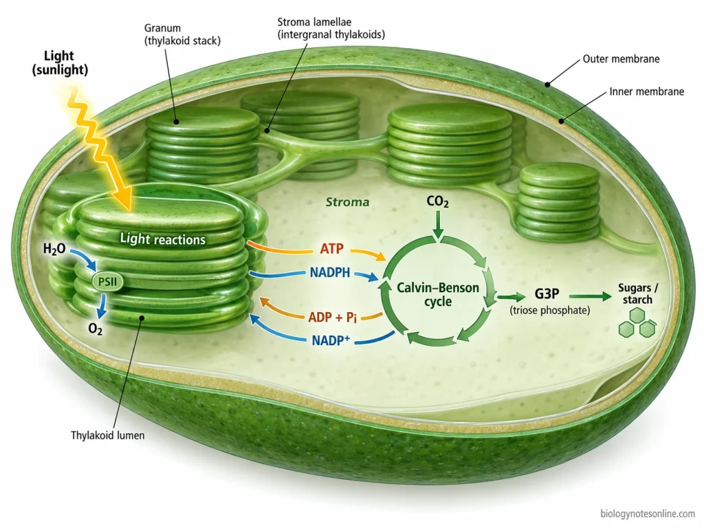 Chloroplast cutaway showing light reactions in thylakoid membranes producing ATP and NADPH that enter the stromal Calvin–Benson cycle, where carbon dioxide is converted into triose phosphate.