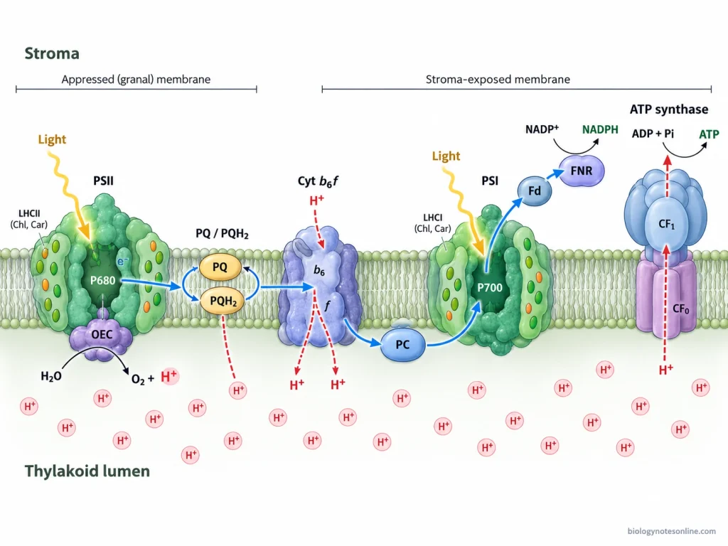 Thylakoid membrane showing PSII water oxidation, electron transfer through plastoquinone and cytochrome b6f to PSI, NADPH formation, proton accumulation in the lumen and ATP synthesis.
