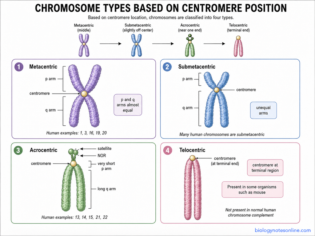 Labelled Diagram showing Chromosomes Types Based on Centromere Position