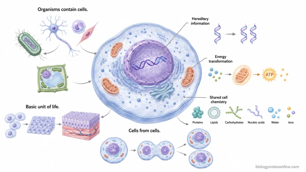 Cell Theory - Definition, 3 Principles, History, and Modern View 3 Central cell diagram connecting the three classical cell-theory principles with DNA inheritance, cellular energy transformation, and shared cell chemistry.