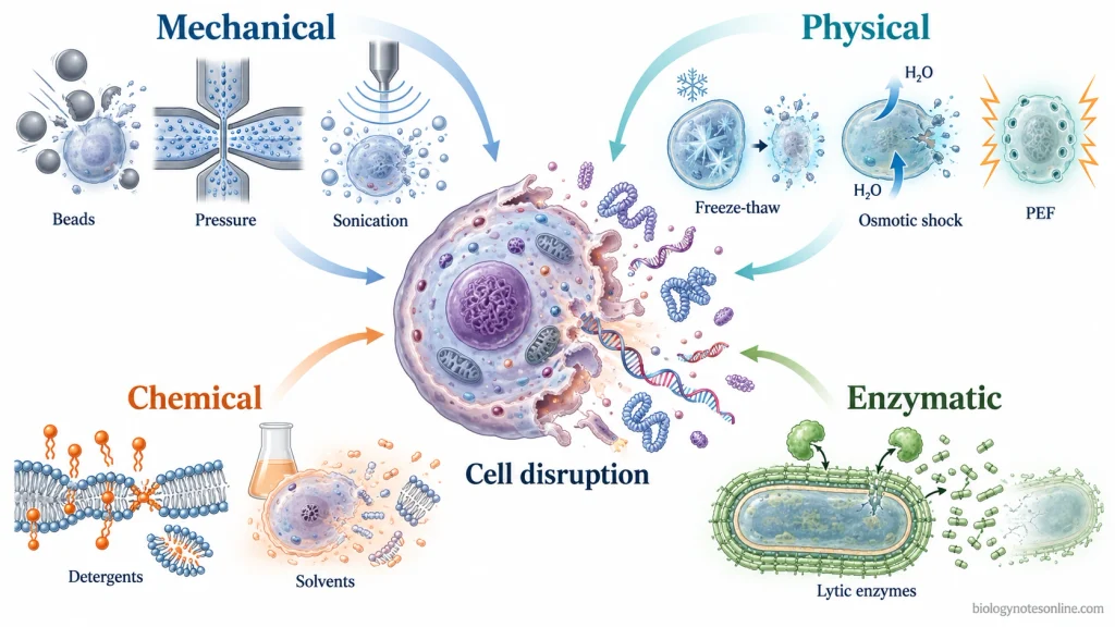 Classification of cell disruption into mechanical, physical, chemical, and enzymatic methods with representative mechanisms.