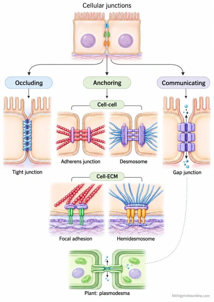Classification of cellular junctions into tight, anchoring, and communicating junctions, including cell-cell and cell-matrix anchoring types.