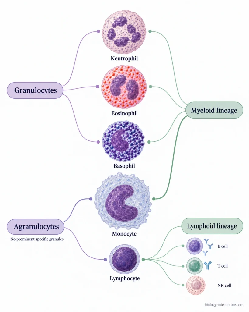 White blood cells classified as granulocytes or agranulocytes by morphology and as myeloid or lymphoid cells by developmental lineage.