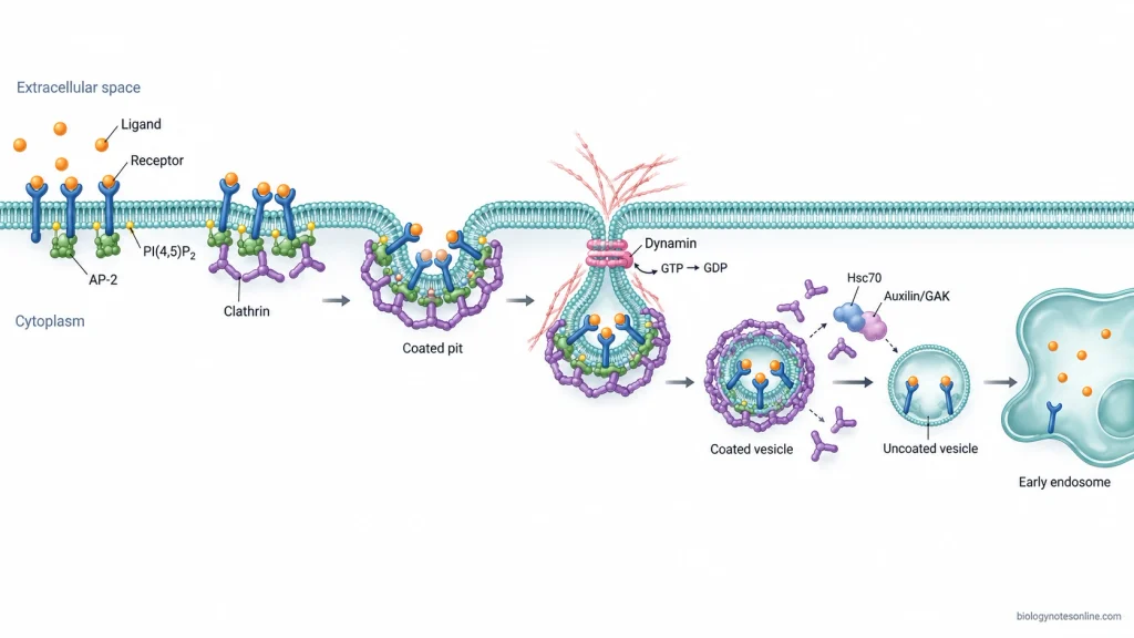 Endocytosis - Definition, Types, Mechanism, Functions & Examples 3 Ligand-bound receptors recruit AP-2 and clathrin, followed by coated-pit formation, dynamin-mediated scission, vesicle uncoating, and delivery to an early endosome.