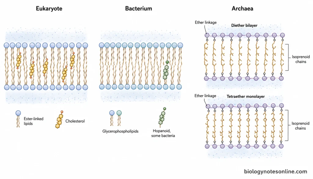 Comparison of eukaryotic and bacterial lipid bilayers with archaeal ether-linked diether bilayers and tetraether monolayer membranes.