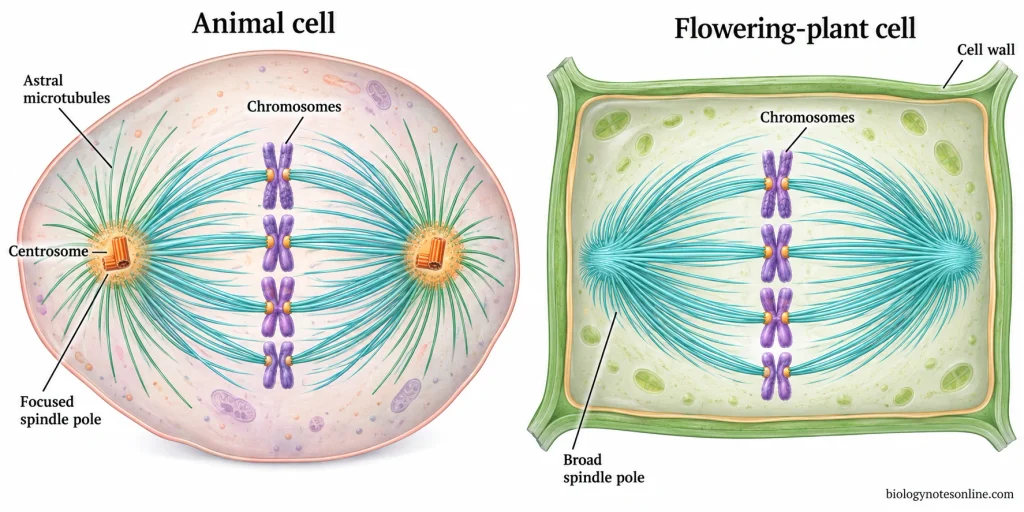 Comparison of metaphase spindles showing focused centrosome-containing poles and astral microtubules in an animal cell alongside the broad, acentrosomal spindle of a flowering-plant cell.