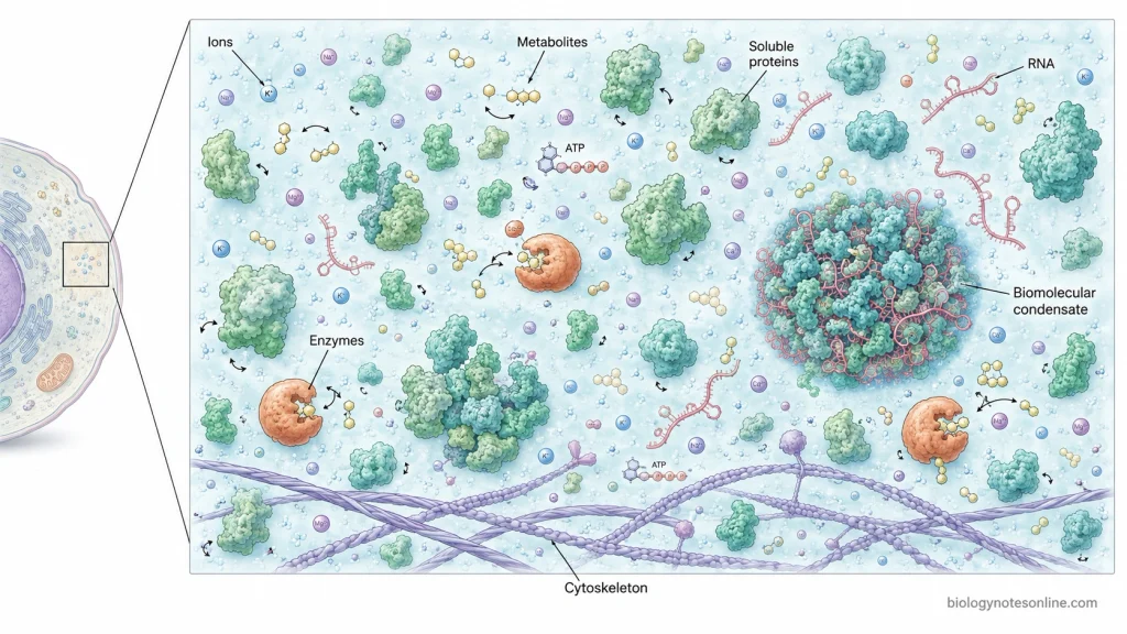 Magnified cytosol containing water, ions, metabolites, soluble proteins, RNA, enzymes and a membraneless biomolecular condensate in a crowded molecular environment.