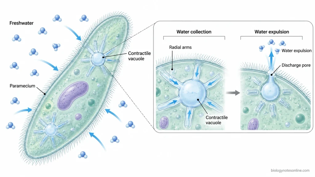 Paramecium in freshwater with a magnified contractile vacuole complex showing radial arms that collect excess water and a discharge pore through which water is expelled.