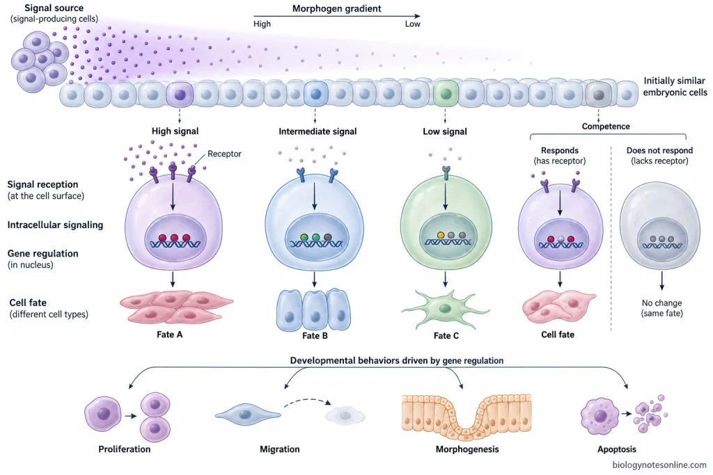 Embryonic cells exposed to different levels of a morphogen signal activate different gene responses and developmental fates, linking positional information to differentiation and cell behavior.