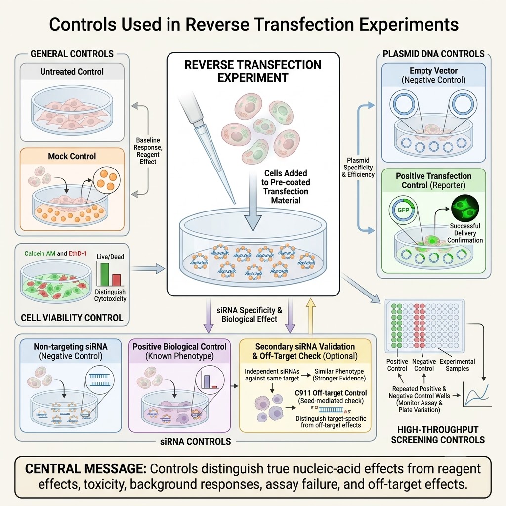 Reverse Transfection: Principle, Protocol, Steps & Applications 9 diagram showing Controls Used in Reverse Transfection